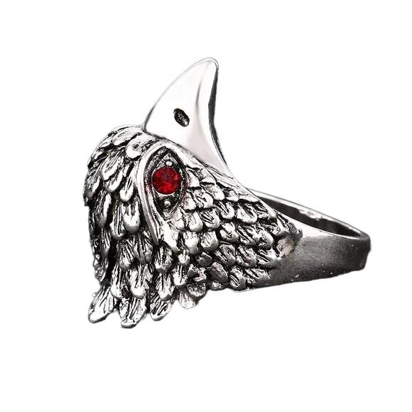Antiqued Ancient Silver Round Red Crystal Eye Falcon Head Ring Size 10 - Picture 6 of 6